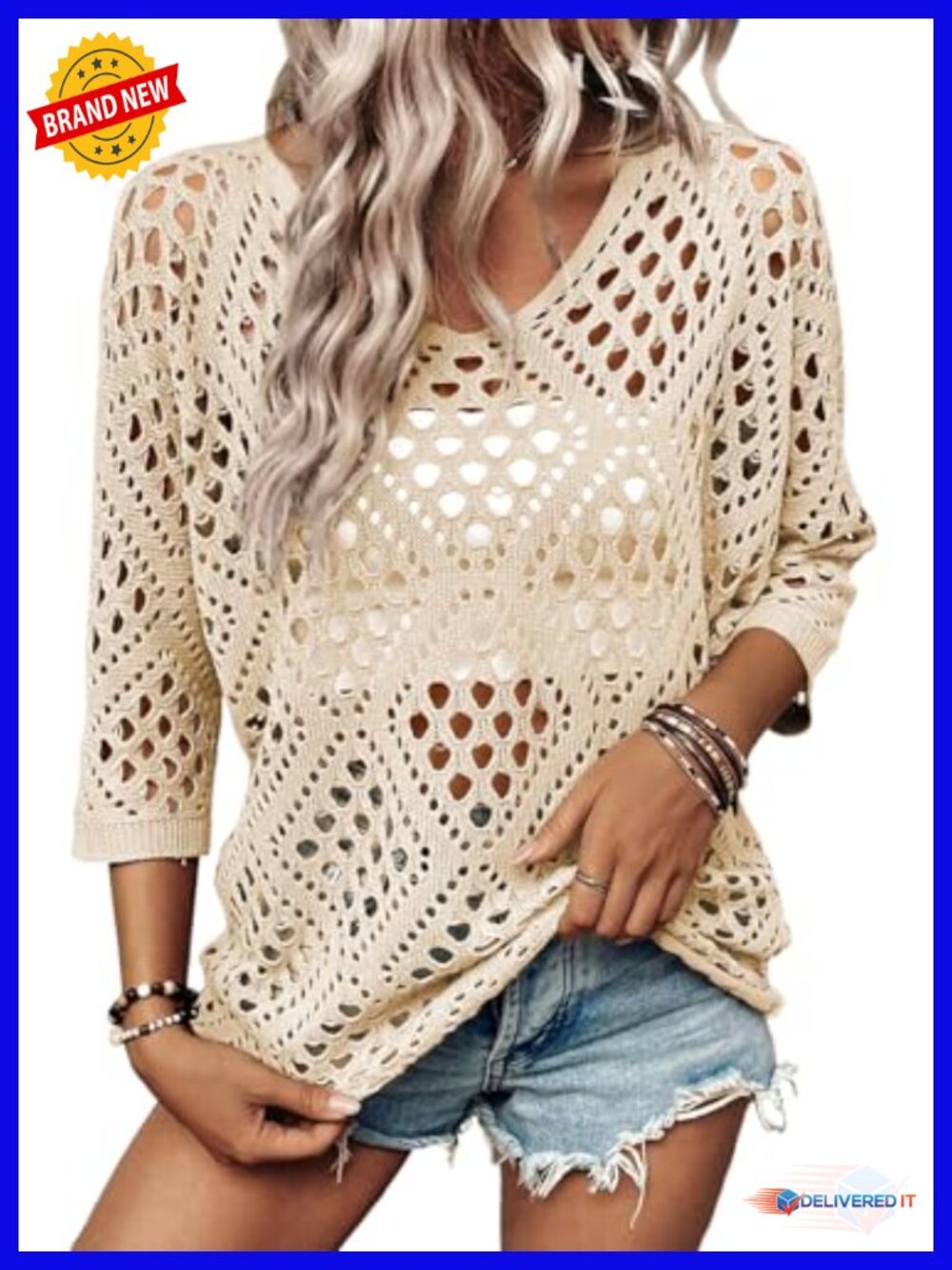 Women's Crochet Hollow Out Beach Cover Up V-Neck 3/4 Sleeve Loose Fit Pullover